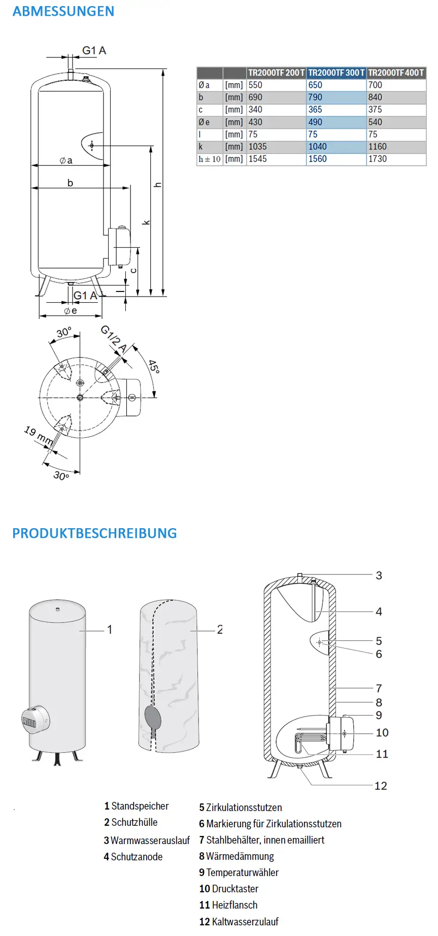 Standspeicher von Bosch mit vertikaler Bauweise, aus emailliertem Stahl, ausgestattet mit Heizflansch, Temperaturwähler und verschiedenen Anschlüssen für Wasserzulauf und -auslauf.